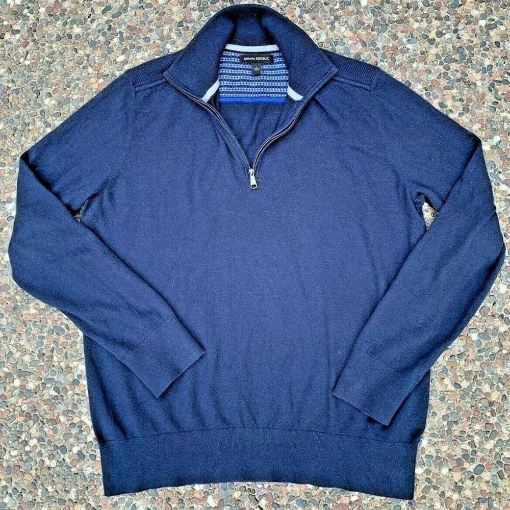 BANANA REPUBLIC Men's Sweater Size L Quarter Zip Premium Luxe Yarn Preppy Navy
